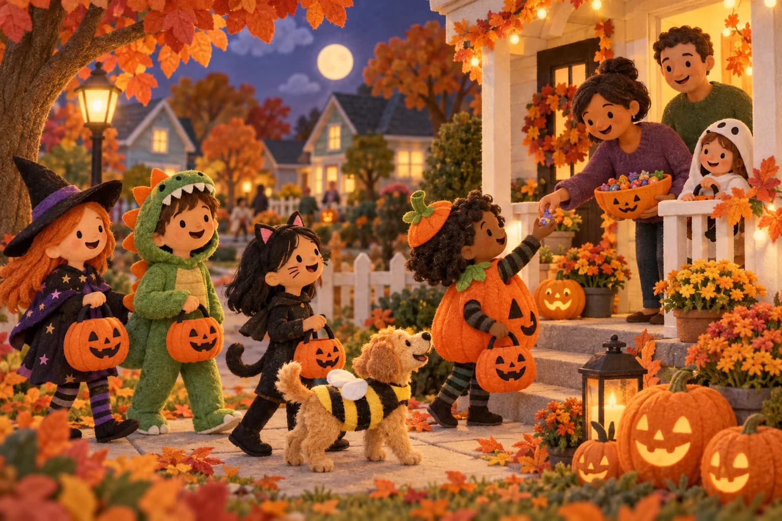Des enfants costumés et des familles se saluent dans un quartier américain décoré de citrouilles