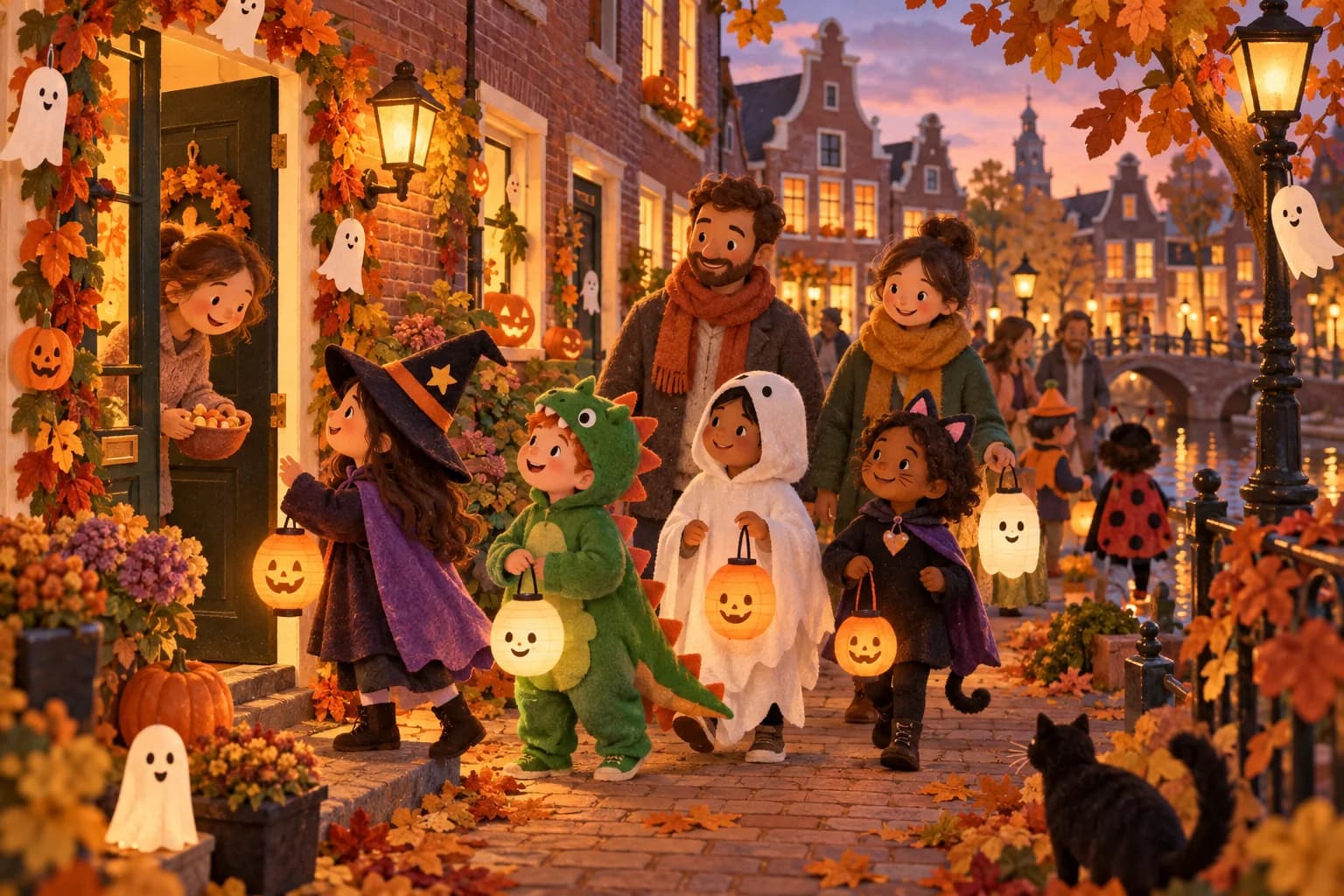 Des enfants costumés avec leurs parents défilent avec des lanternes dans un quartier néerlandais décoré pour Halloween
