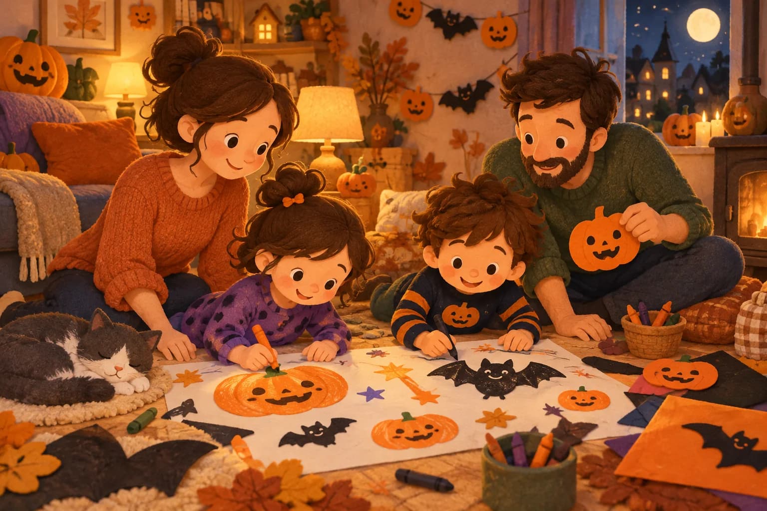 Une famille dessine des citrouilles souriantes pour préparer Halloween