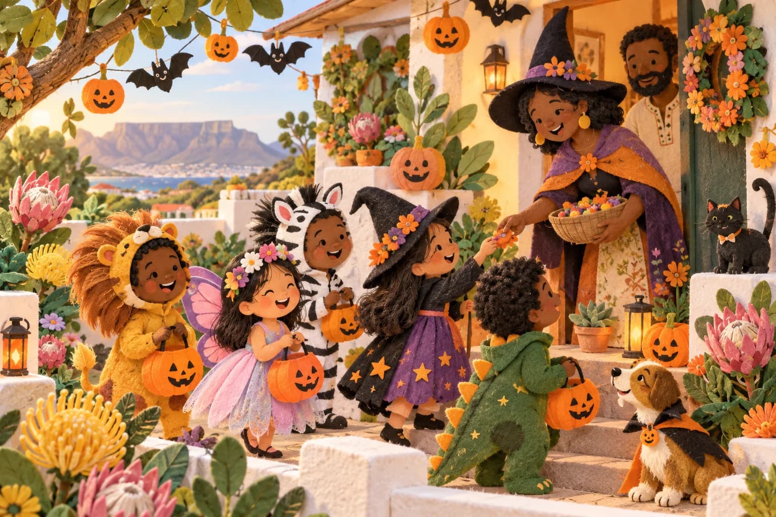 Enfants déguisés fêtant Halloween au printemps devant une maison décorée