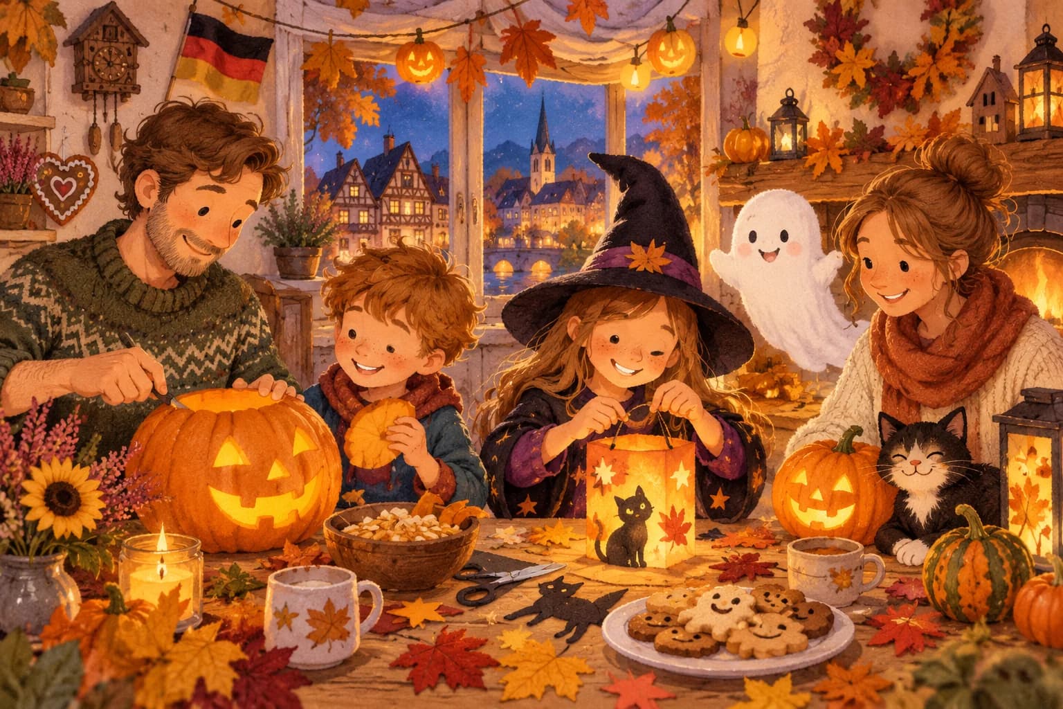 Une famille allemande célèbre Halloween avec des citrouilles souriantes et des décorations d’automne