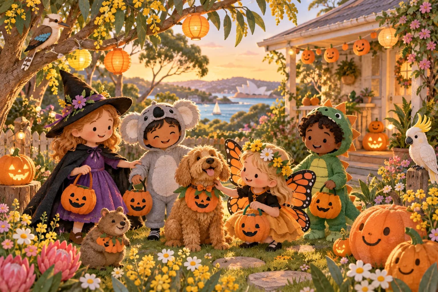 Enfants déguisés fêtant Halloween au printemps dans un jardin australien