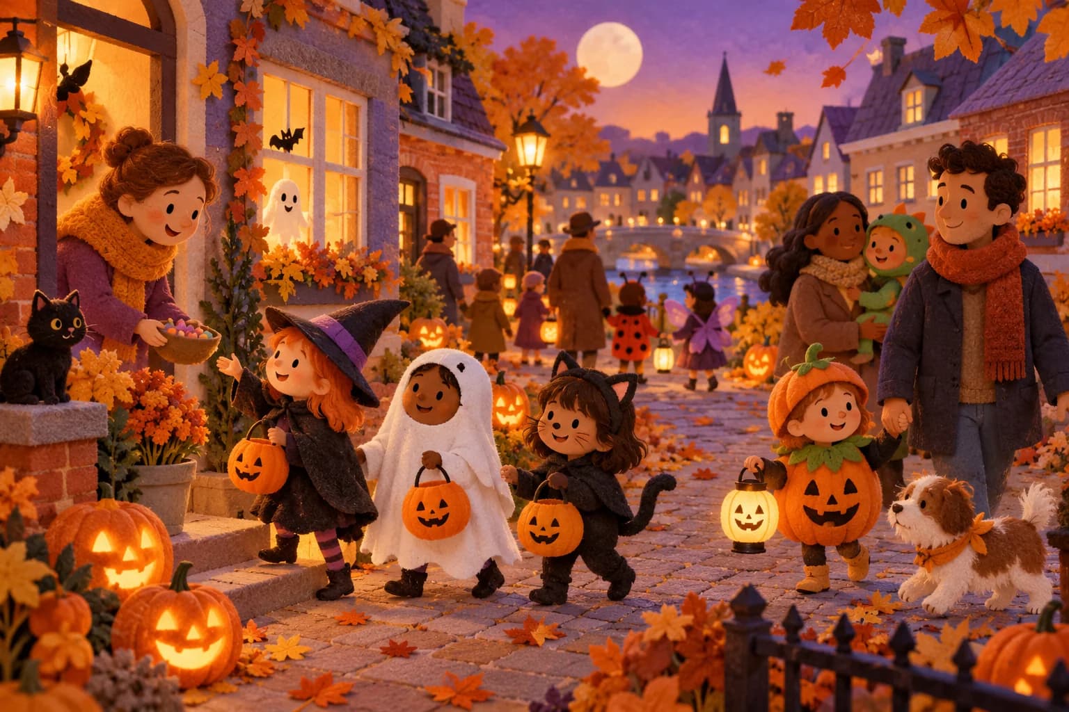 Enfants et parents fêtant Halloween dans un quartier belge aux décorations douces