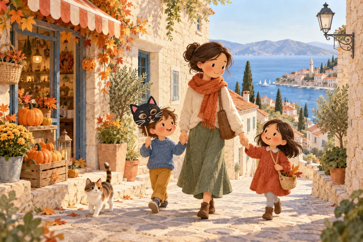 Un parent et deux enfants dans une rue côtière croate, près d’une vitrine décorée de citrouilles.