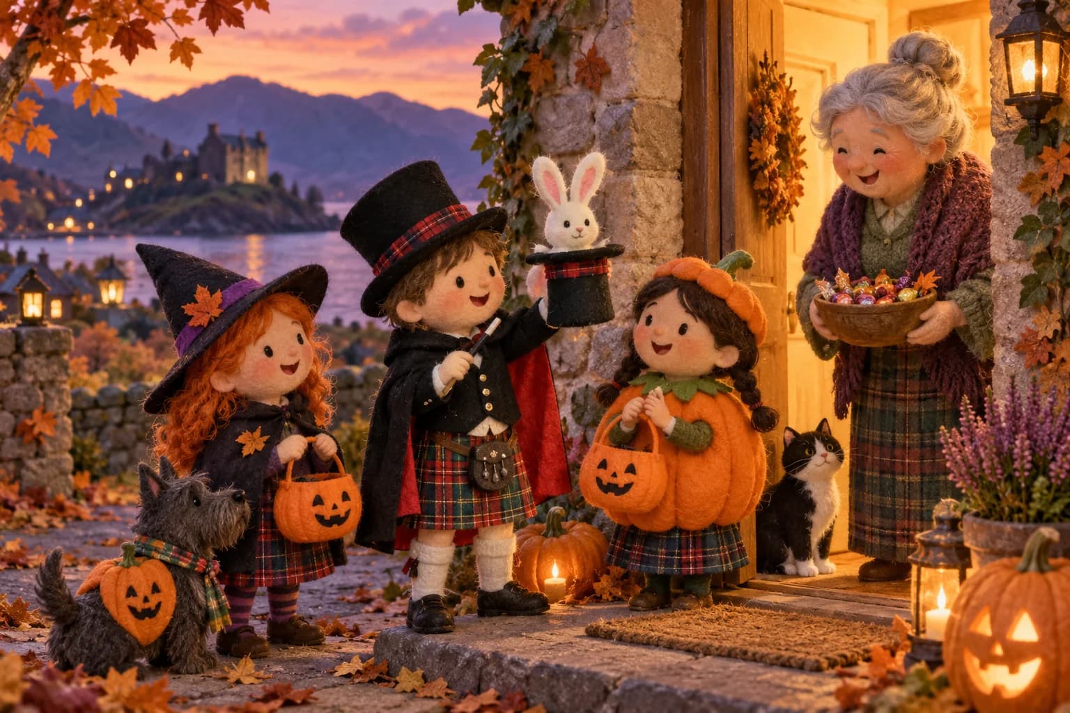Des enfants écossais déguisés présentent un petit numéro devant une porte décorée en automne