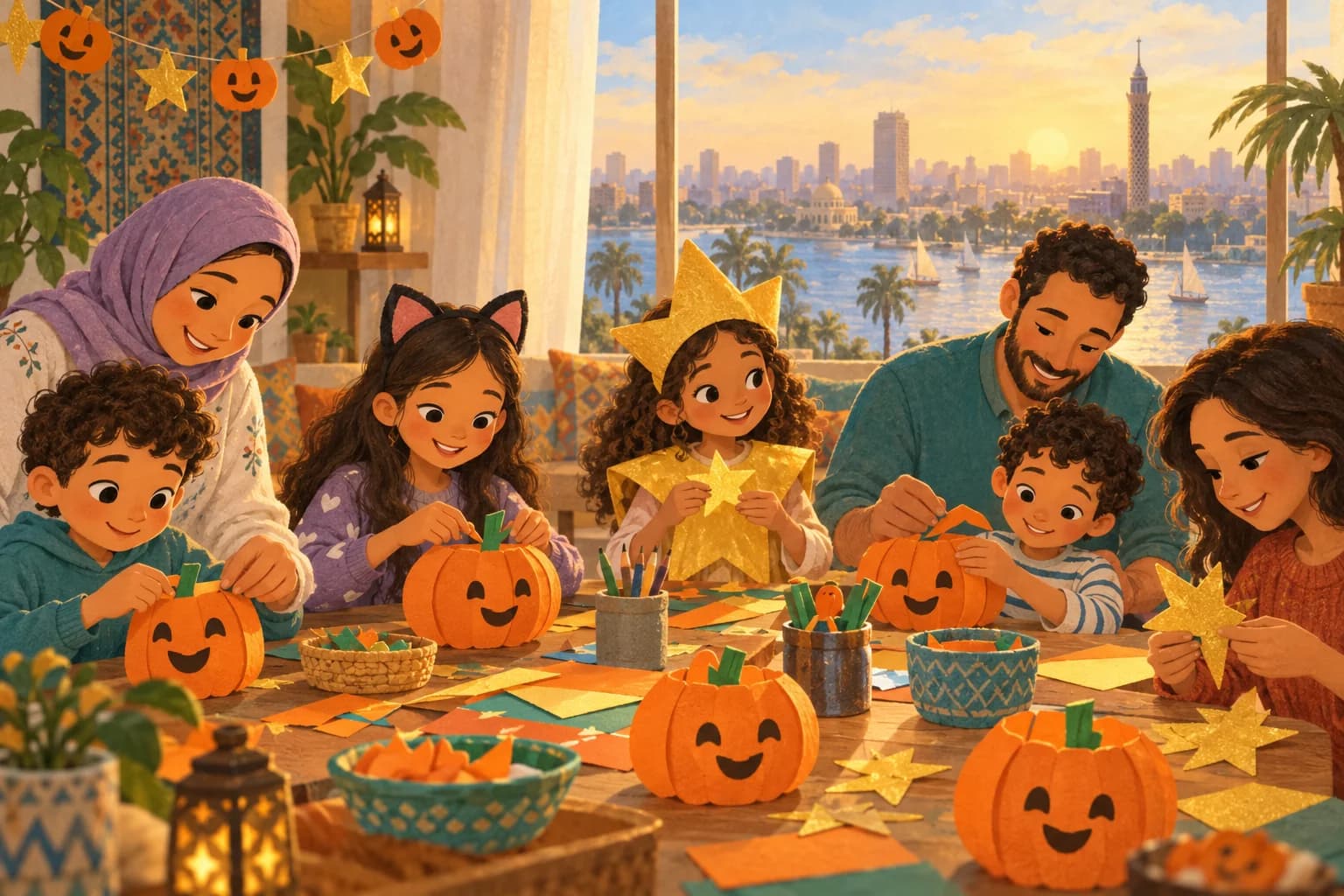 Enfants et parents fabriquant des citrouilles en papier dans une salle au Caire, avec le Nil visible par la fenêtre.
