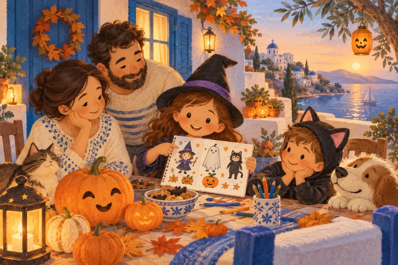 Une famille grecque prépare une petite fête d’Halloween douce avec des citrouilles et des feuilles d’automne
