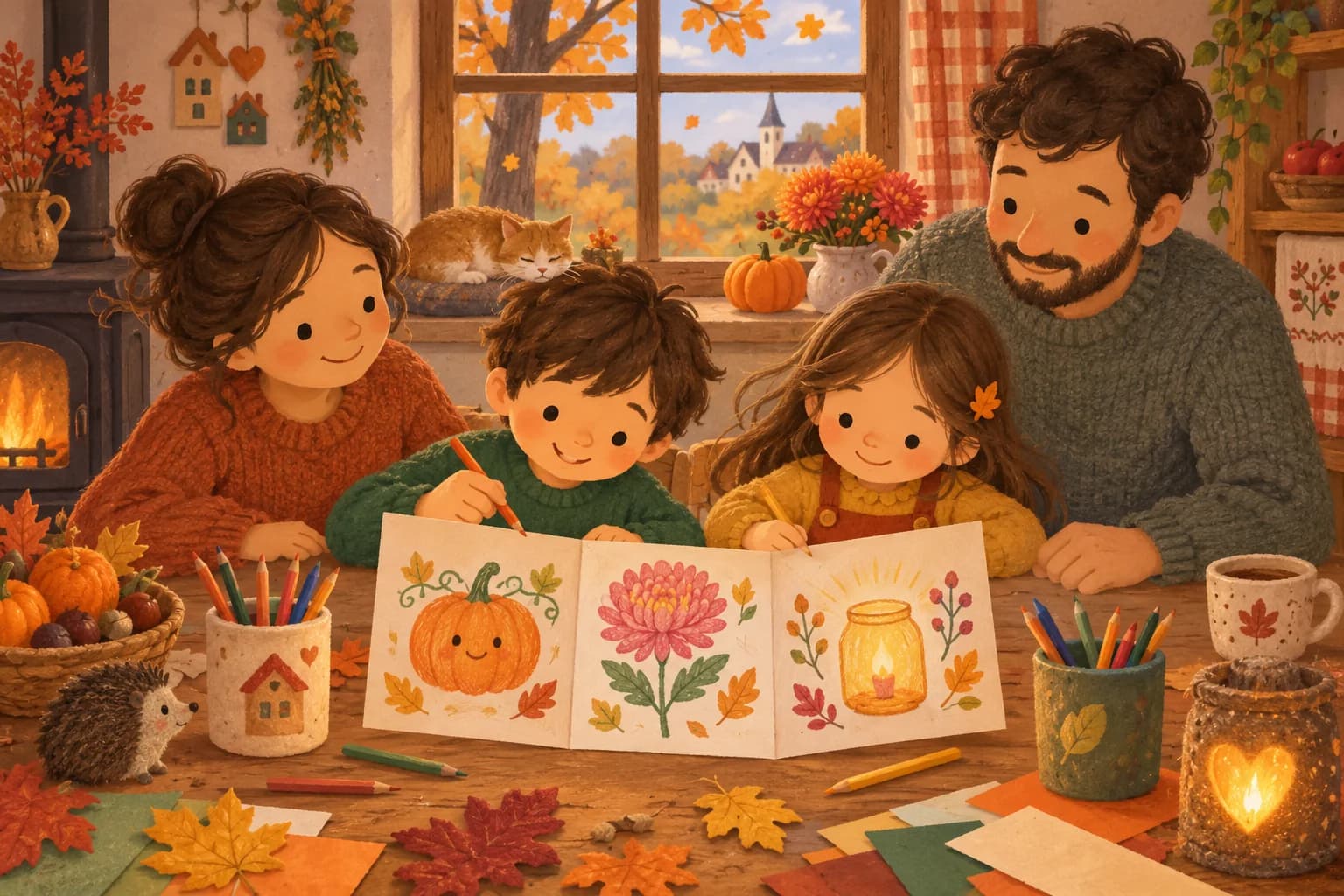 Des enfants fabriquent une frise d’automne avec une citrouille, une fleur et une petite lumière.