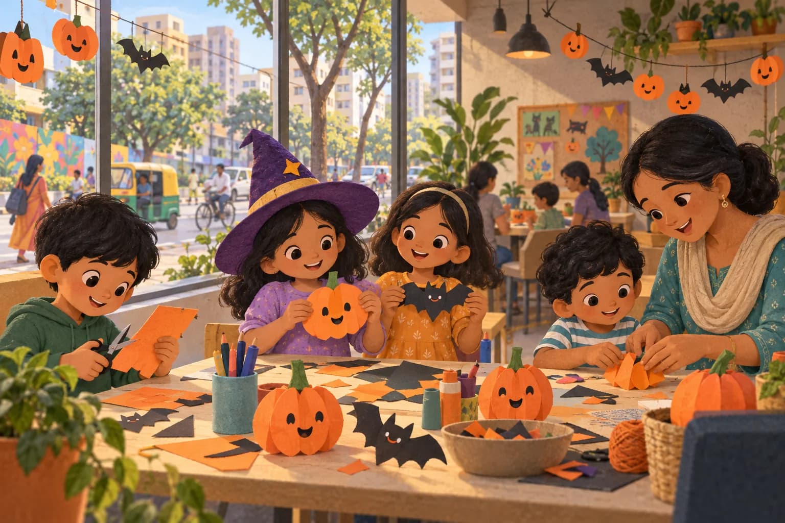 Des enfants fabriquent des citrouilles en papier lors d’un atelier familial dans une grande ville indienne.