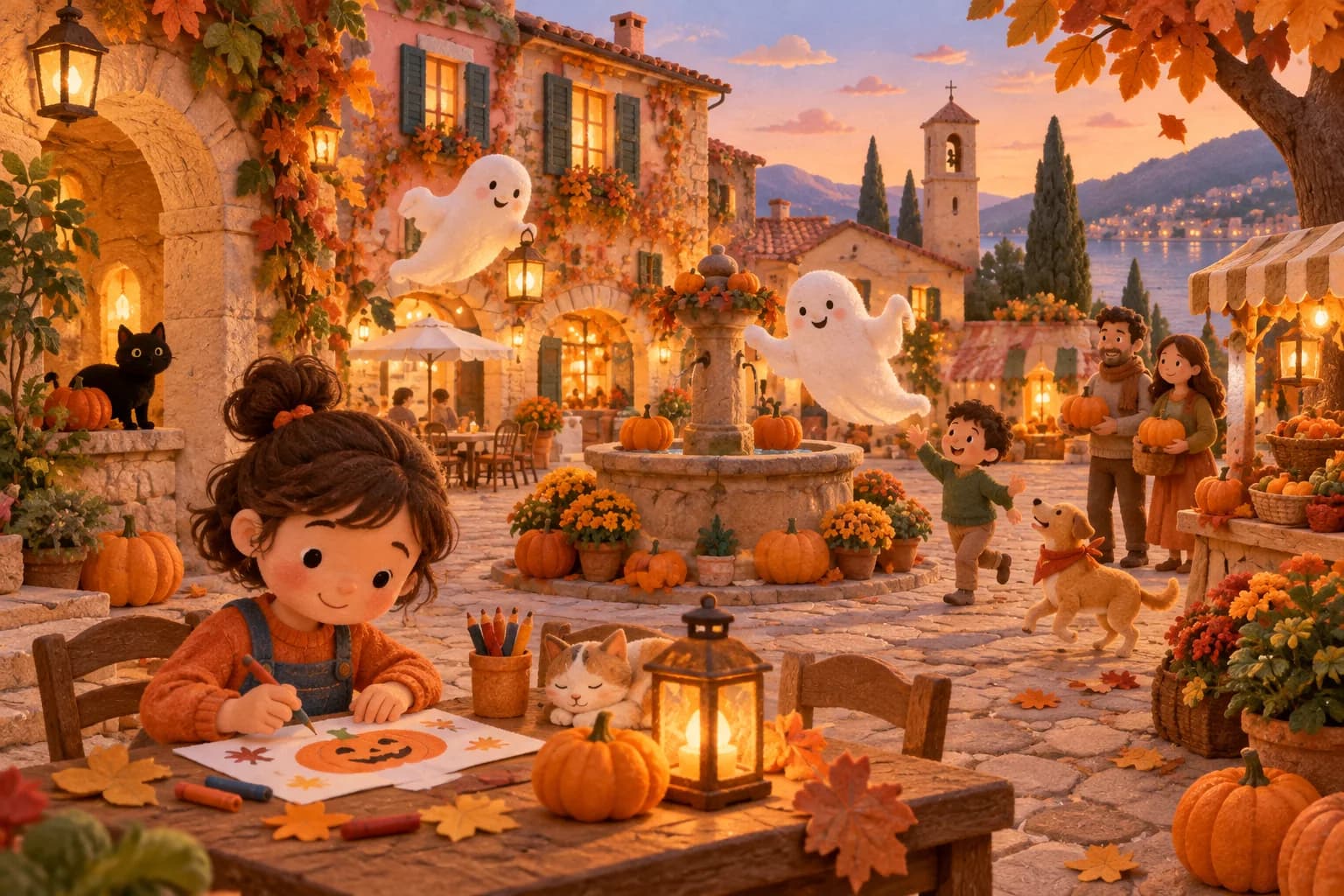 Une place italienne décorée de citrouilles et de feuilles d’automne avec des enfants et de gentils personnages costumés