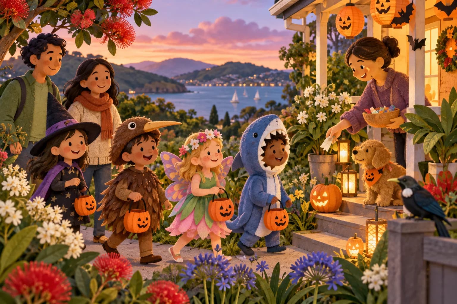 Enfants déguisés et parents devant une maison décorée pour Halloween au printemps en Nouvelle-Zélande
