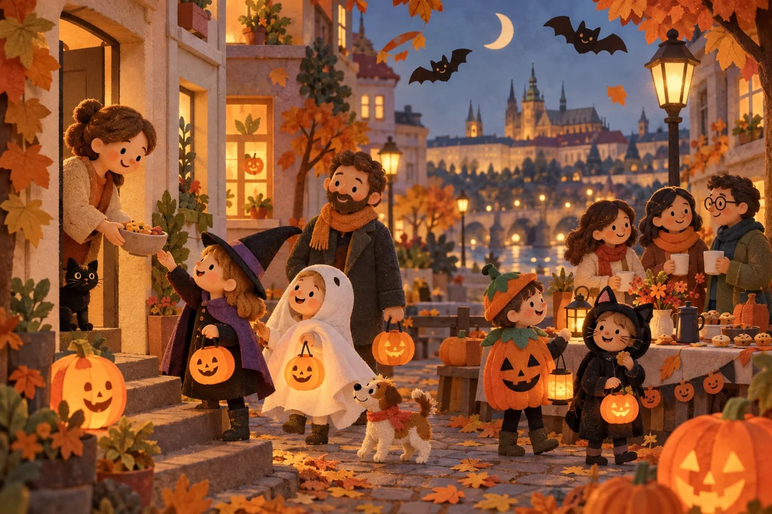 Enfants et parents décorant une fête d’automne douce dans une ville tchèque