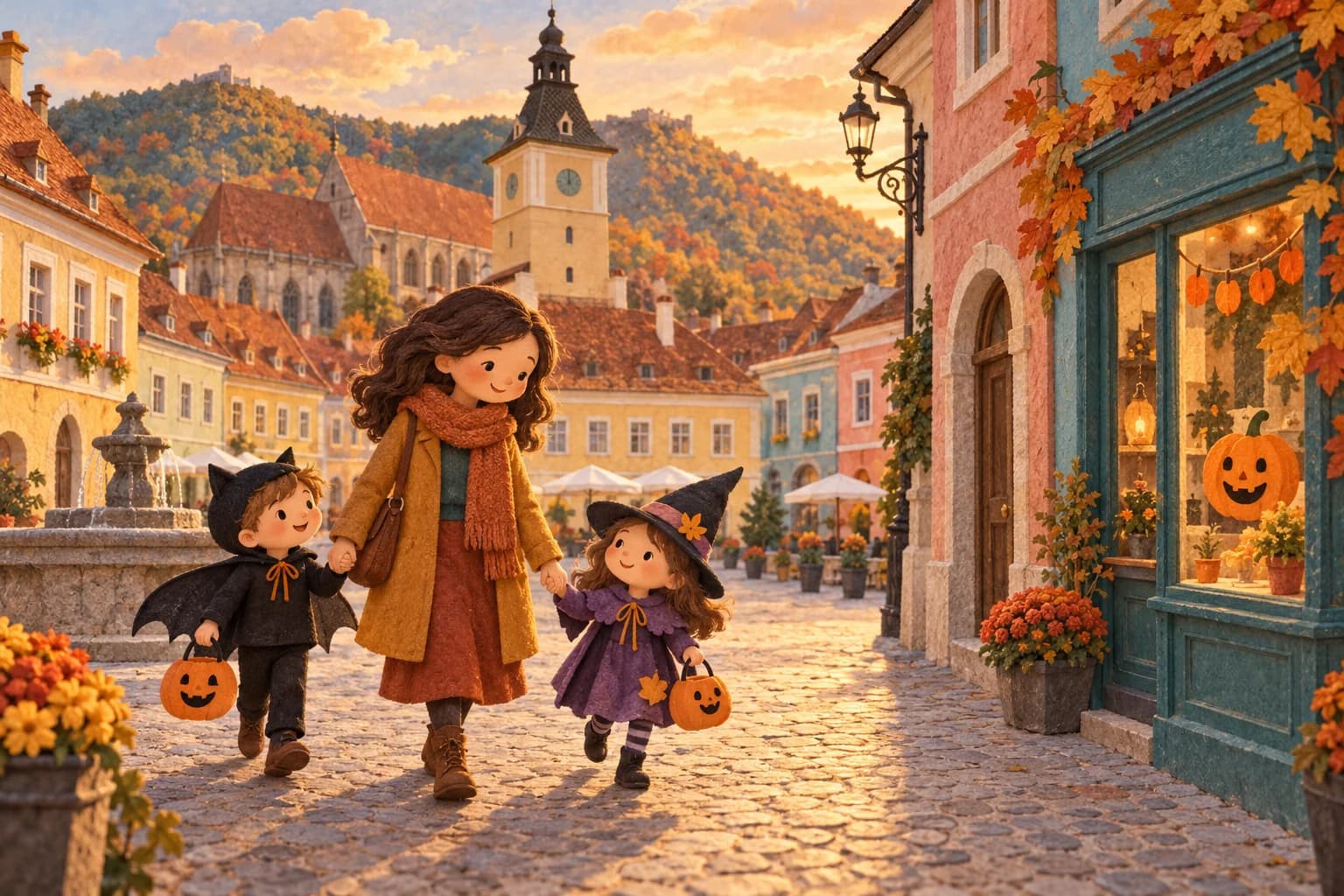 Une famille costumée sur une place de Roumanie, devant une vitrine décorée d’une citrouille souriante.
