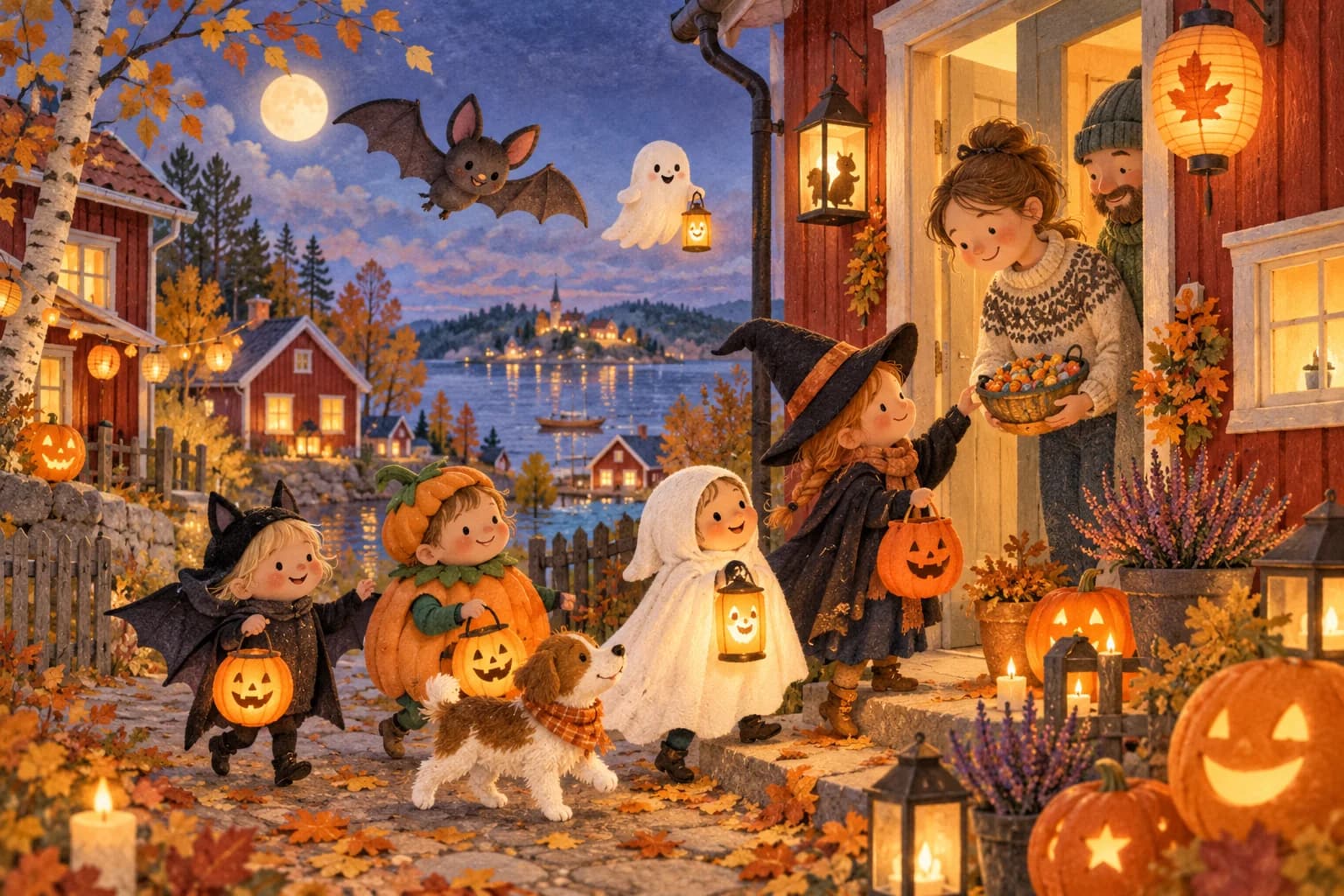 Enfants et parents décorant des citrouilles dans un village nordique en automne