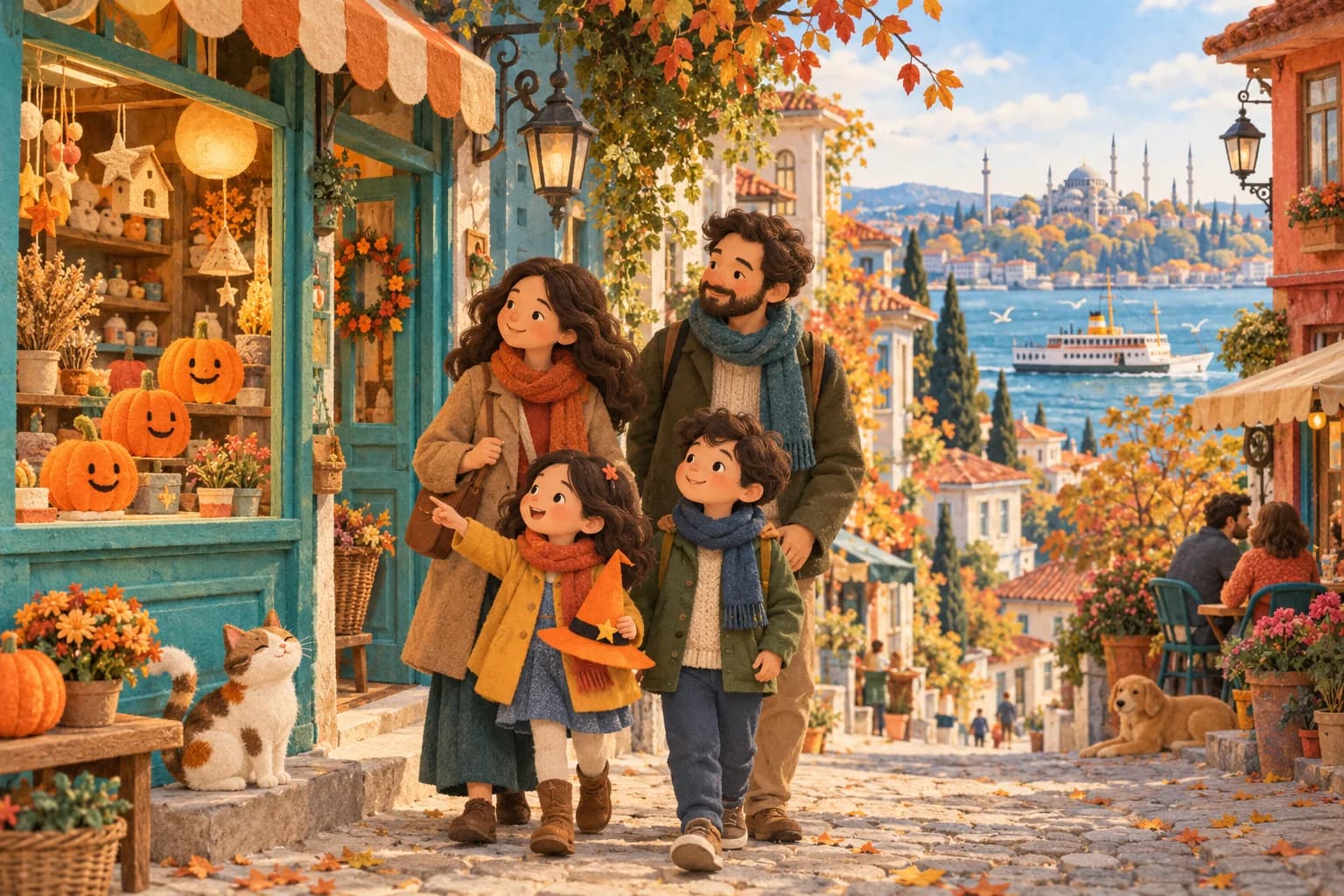 Une famille découvre un atelier décoré de citrouilles souriantes dans une rue d’Istanbul en automne.