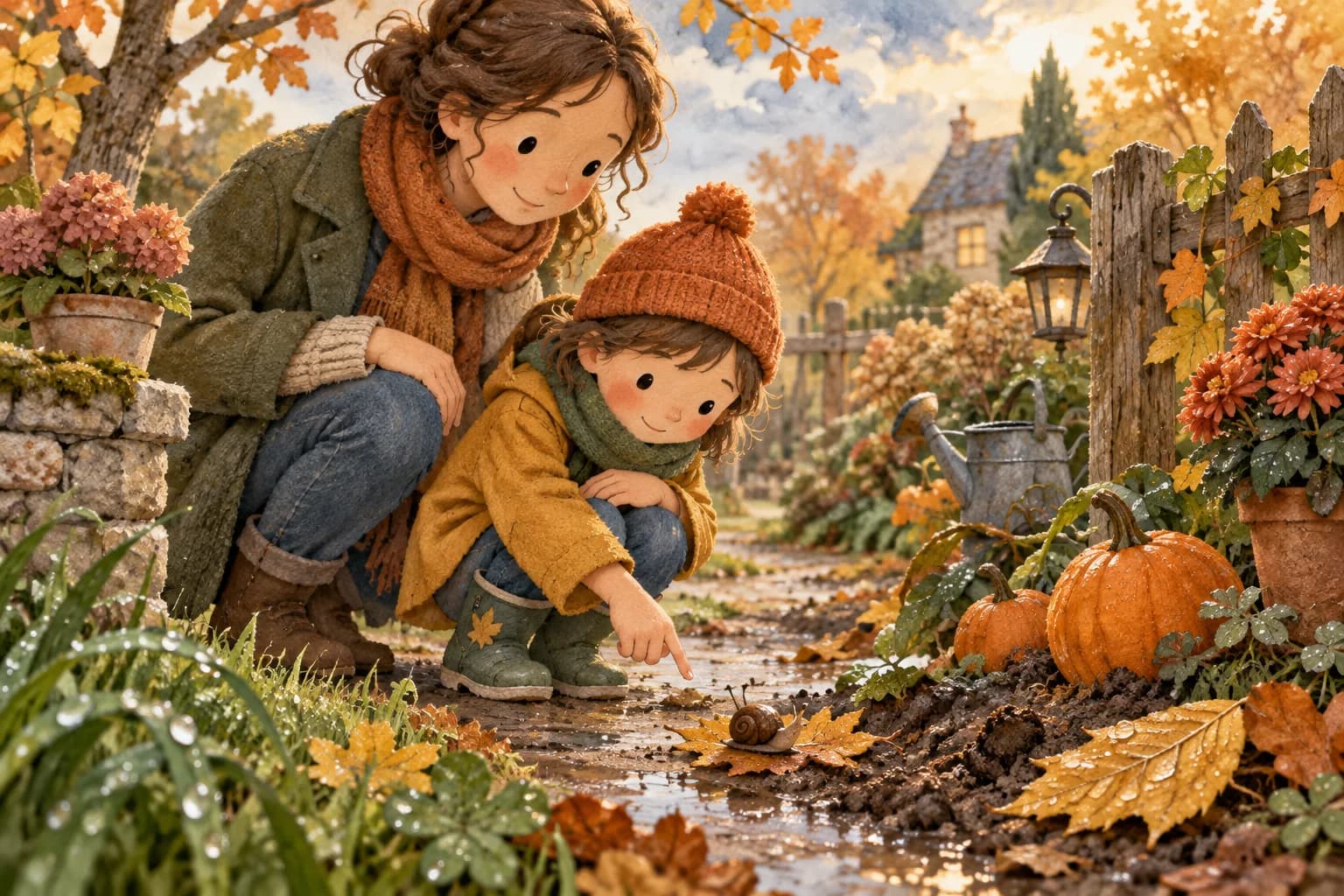 Un enfant et un parent observent un jardin humide après la pluie, parmi les feuilles d’automne.