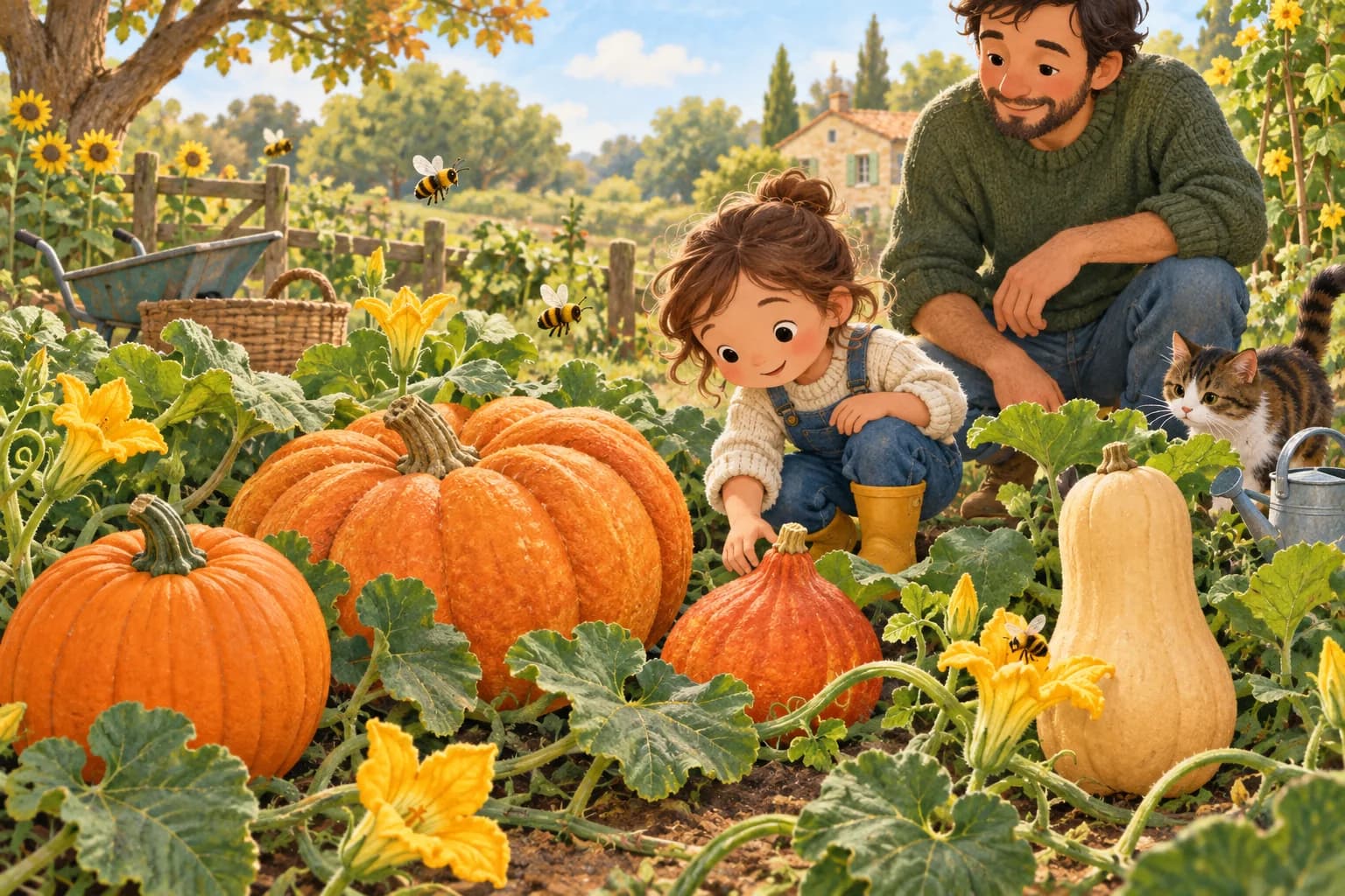 Un enfant et un parent observent dans un potager plusieurs courges différentes : citrouille orange, gros potiron, potimarron et butternut, parmi des feuilles, des fleurs jaunes et des abeilles.