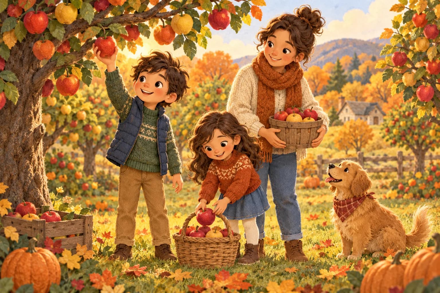 Deux enfants et un parent cueillent des pommes à portée de main dans un verger d’automne.