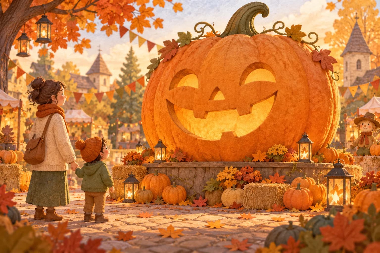 Un enfant et son parent observent une immense citrouille au sourire sculpté, entourée de petites citrouilles.