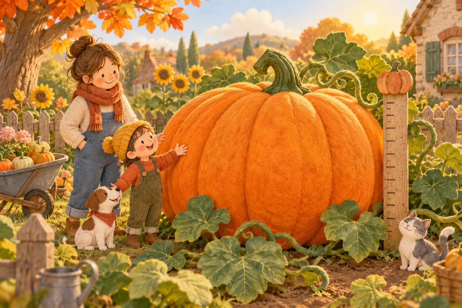 Un enfant et un parent observent une citrouille géante dans un jardin d’automne