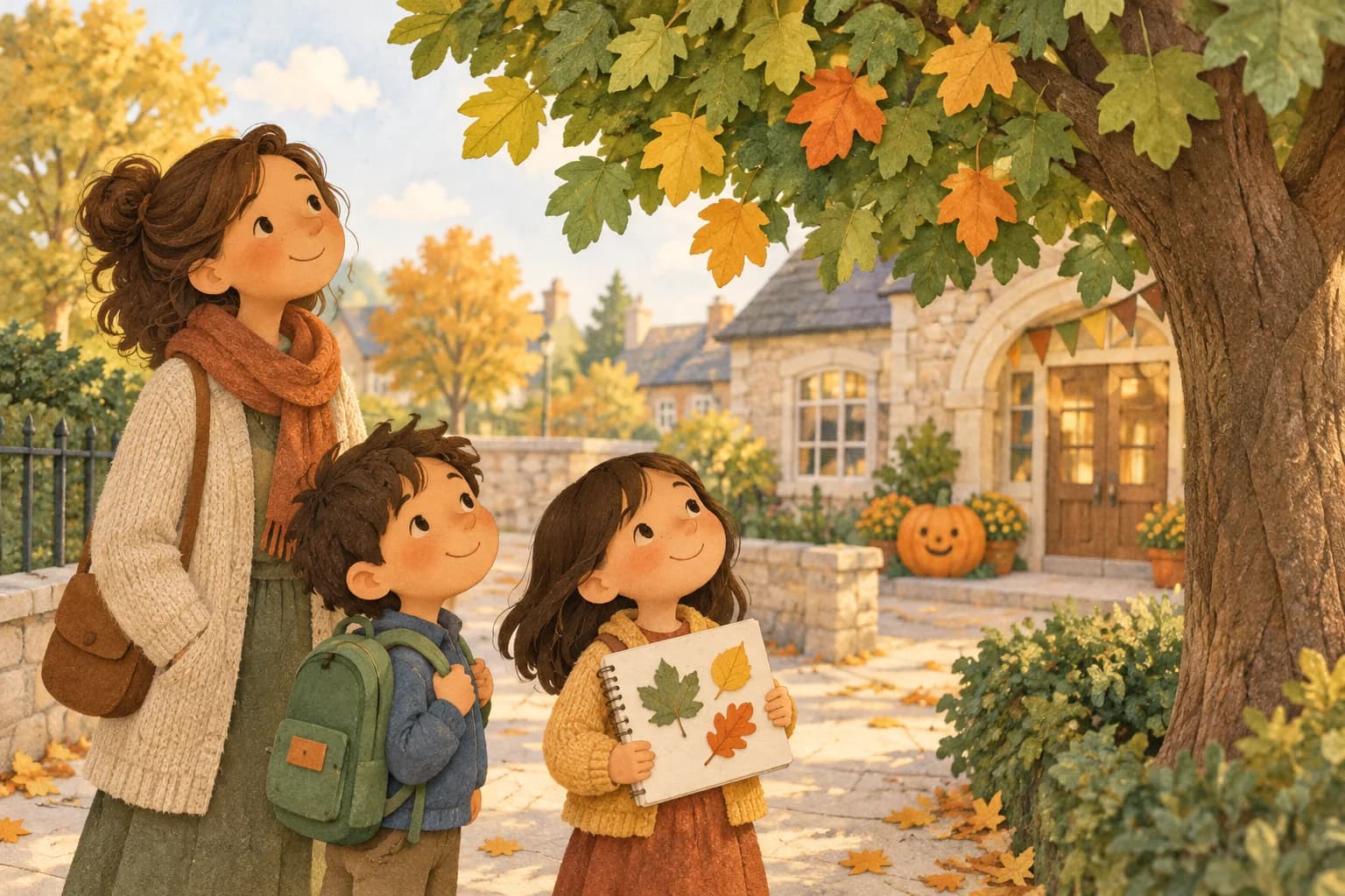 Deux enfants et un parent observent un arbre aux premières feuilles jaunes près d’une école.