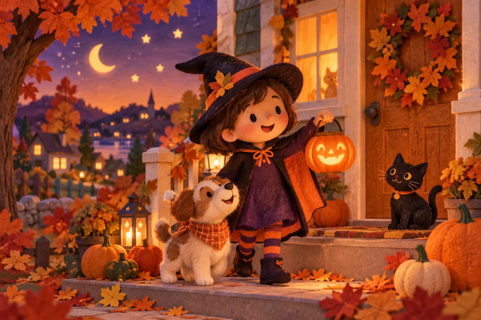 Enfant souriant tenant une petite lanterne citrouille devant une maison décorée en automne