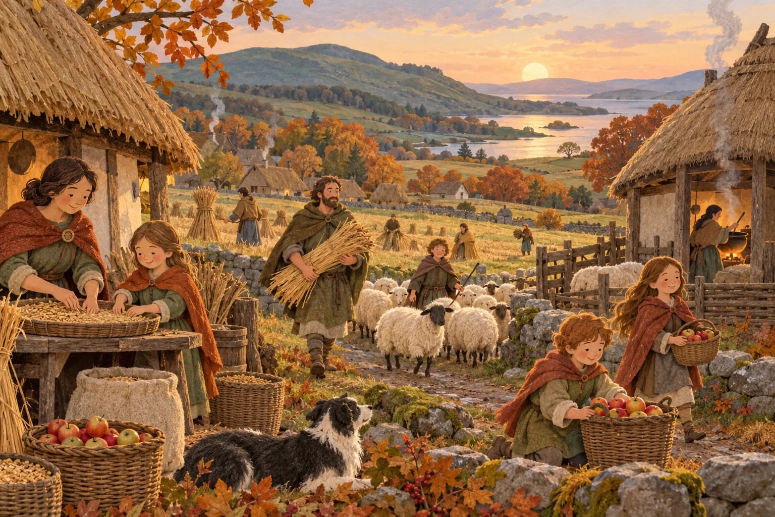 Illustration d’une communauté rurale irlandaise à l’automne, avec des récoltes, des moutons et des maisons au toit de chaume.