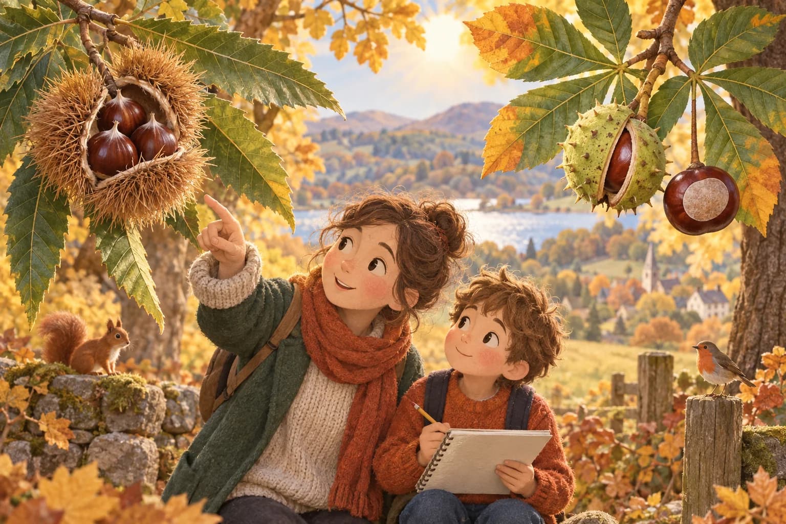 Un adulte et un enfant observent les différences entre châtaignes et marrons d’Inde, avec leurs feuilles et leurs bogues.