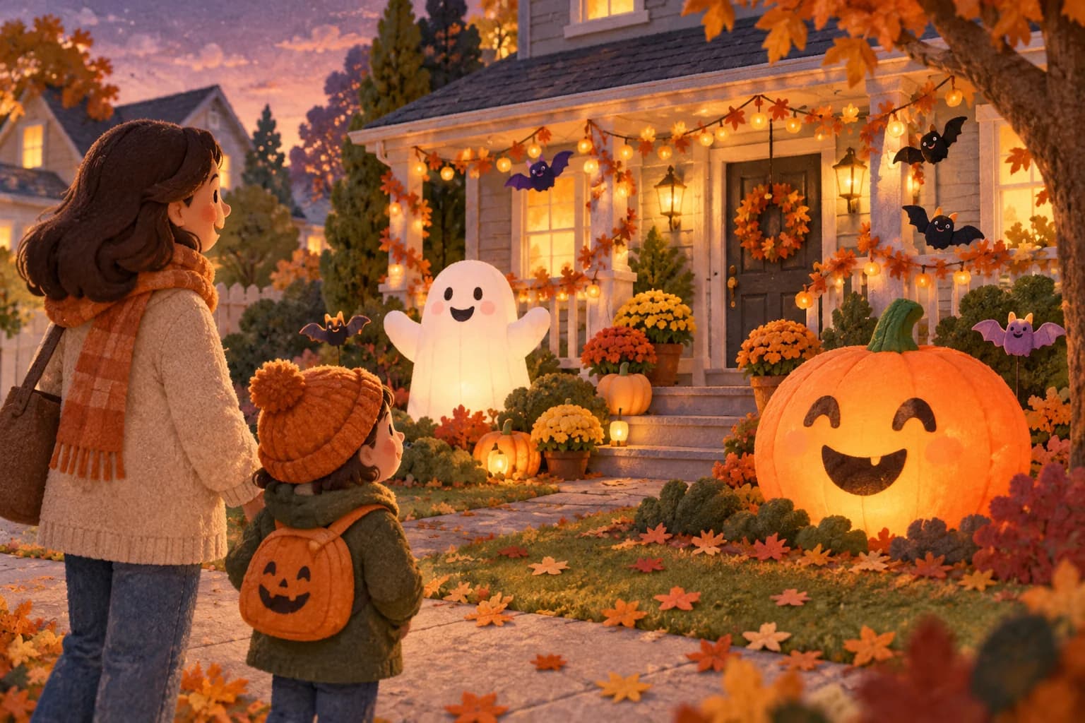 Un enfant et un parent observent des citrouilles et des fantômes gonflables dans un jardin décoré