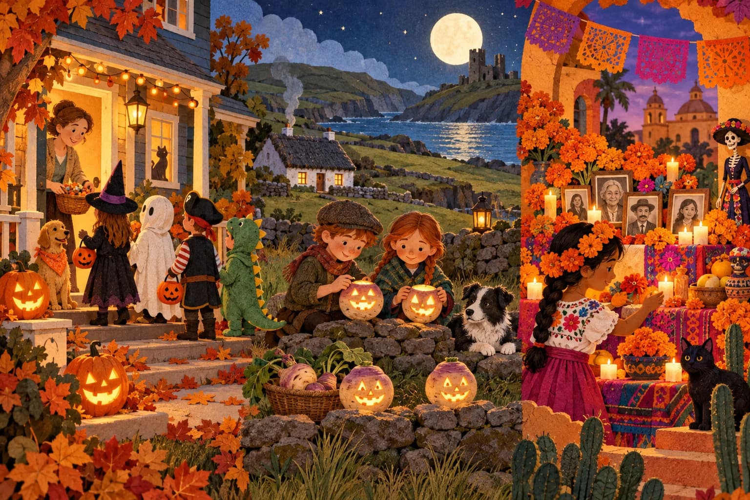 Enfants costumés participant à une fête d’Halloween avec des décorations automnales et des citrouilles éclairées