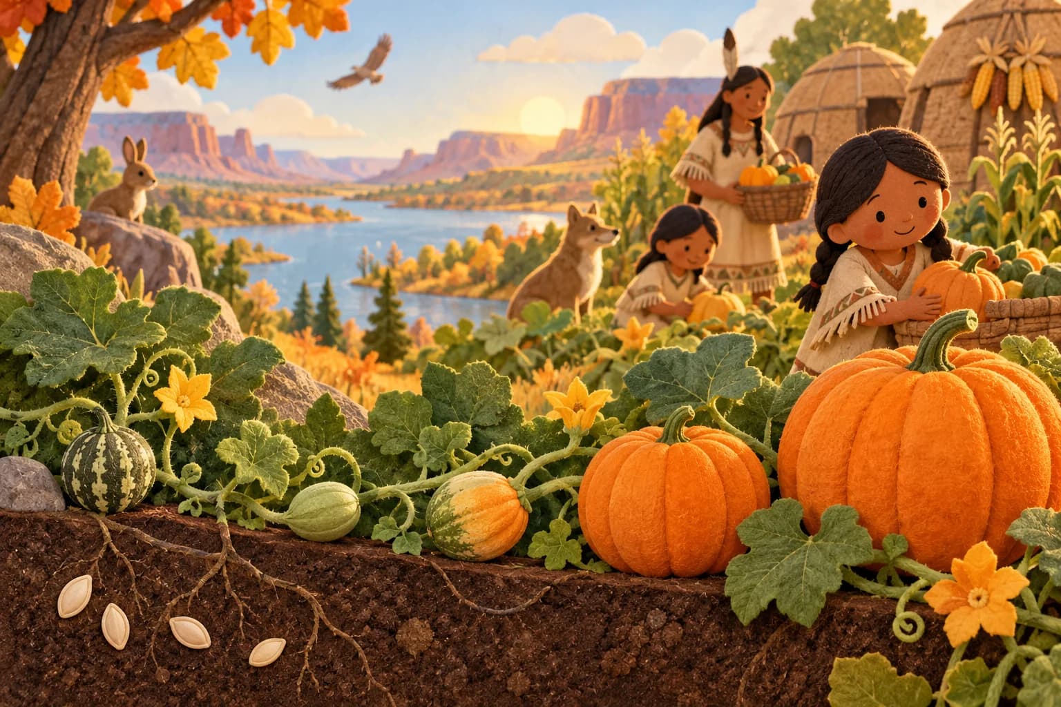 Illustration douce montrant l'évolution d'une courge sauvage vers une grande citrouille orange