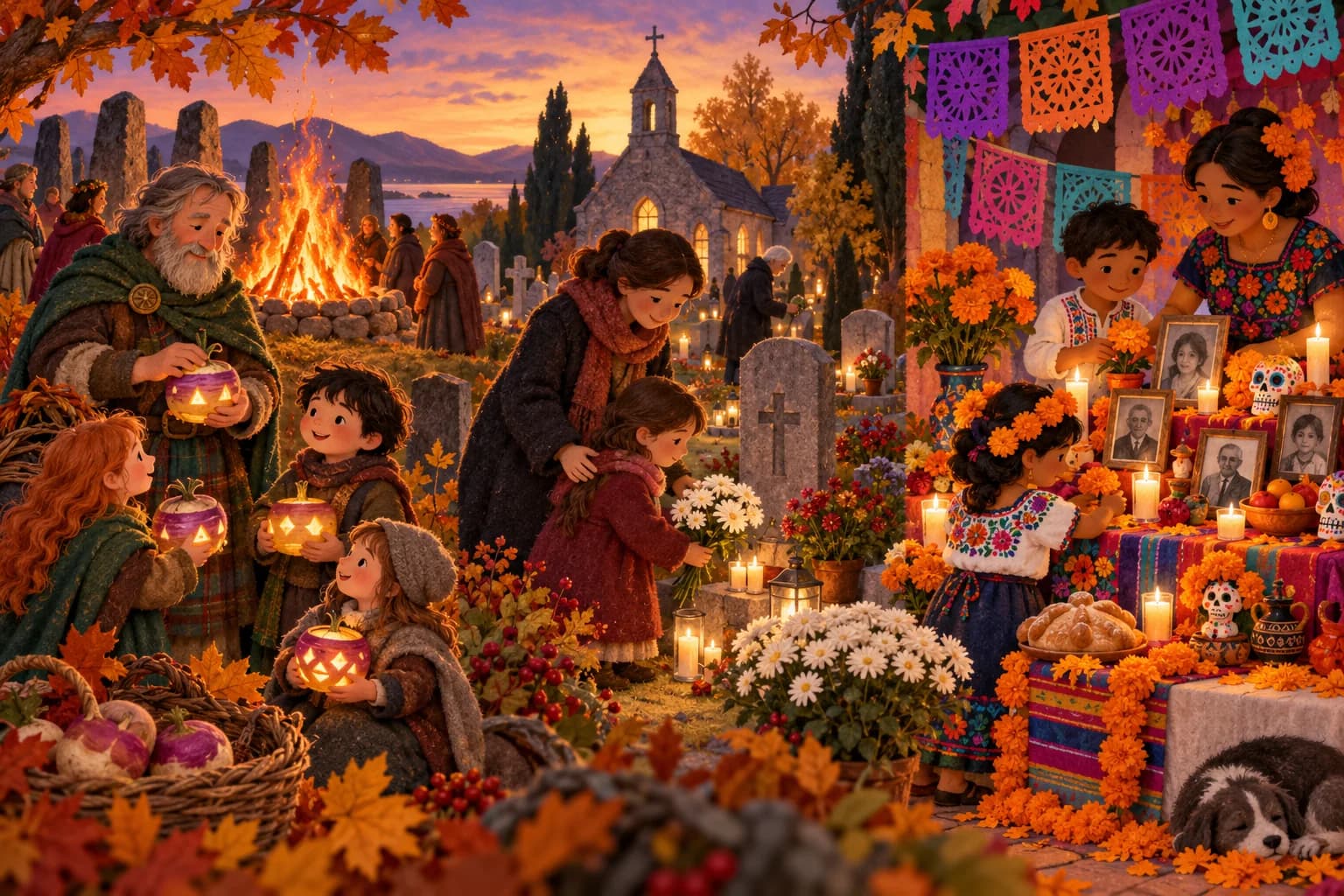 Illustration montrant trois traditions automnales distinctes : une ancienne veillée gaélique autour d’un feu surveillé par un adulte, une scène de Toussaint dans un cimetière fleuri et un autel familial mexicain du Día de los Muertos décoré de fleurs de souci et de bougies.