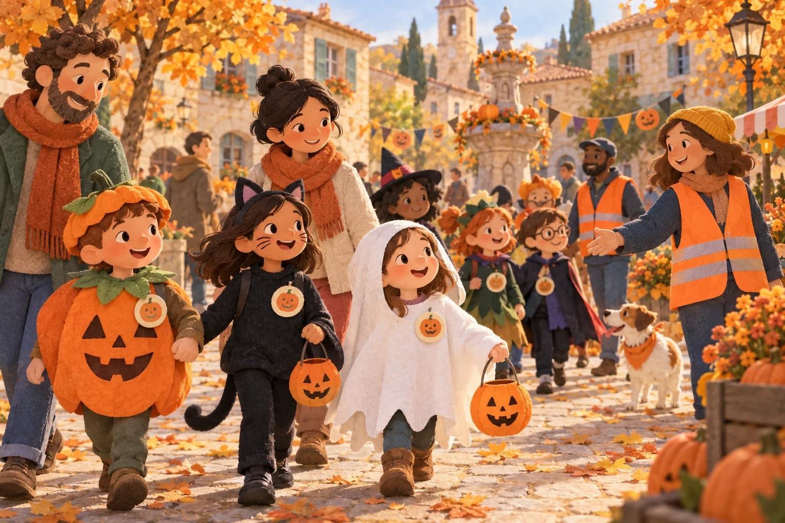 Des enfants costumés et leurs parents participent à une parade d’Halloween douce sur une place de village.