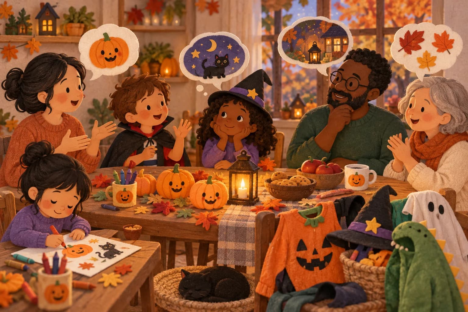 Une famille discute calmement d'Halloween autour d'une table avec des citrouilles souriantes