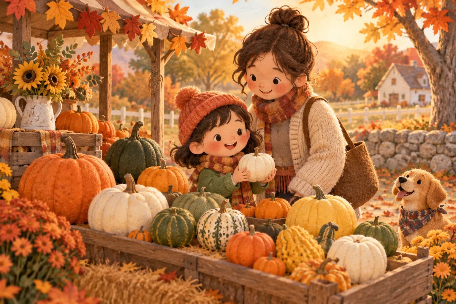 Un enfant et un parent observent des citrouilles orange, blanches, vertes et tachetées dans un étal d’automne