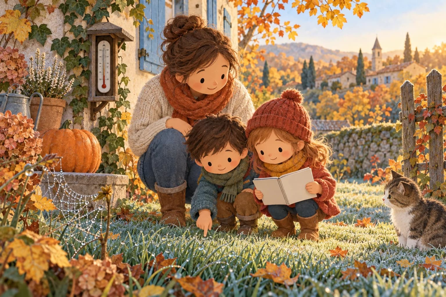Deux enfants et un parent observent la rosée et un thermomètre dans un jardin aux couleurs d’automne.