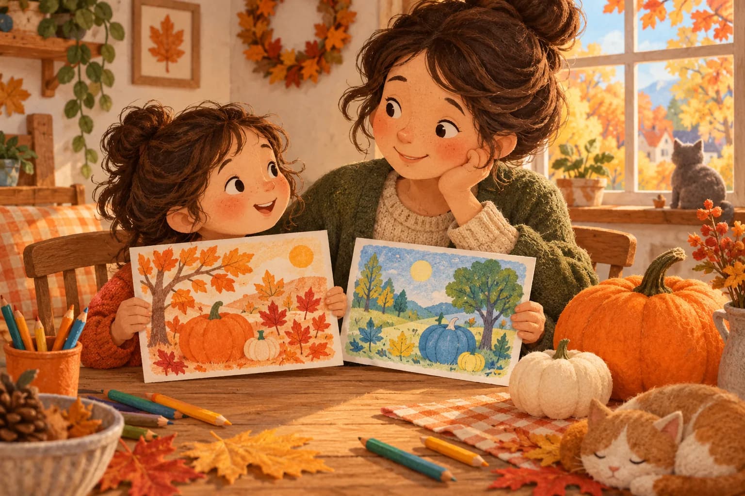 Un enfant et un parent comparent deux dessins d’automne près de citrouilles orange et blanche.