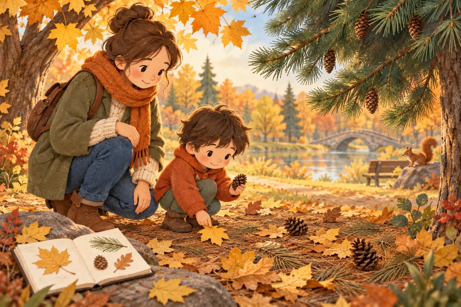 Un enfant et un parent observent les aiguilles d’un pin vert et les feuilles dorées d’un arbre voisin en automne.