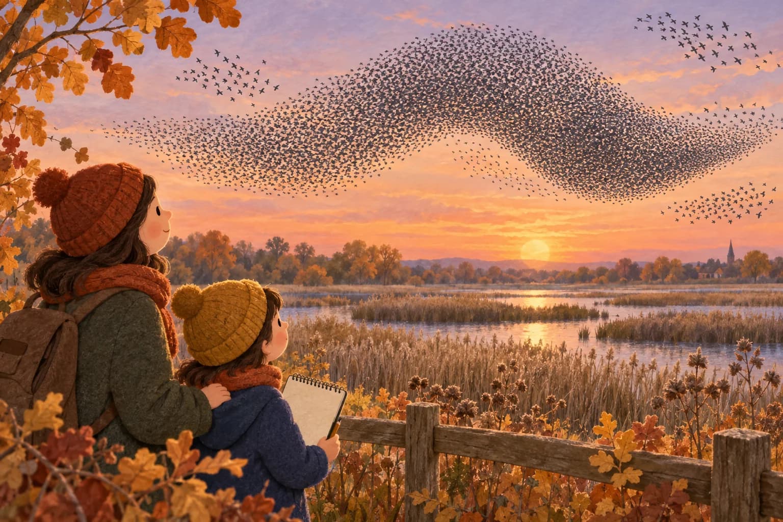 Un enfant et un parent observent une nuée d’étourneaux au-dessus des roseaux, dans un ciel d’automne.