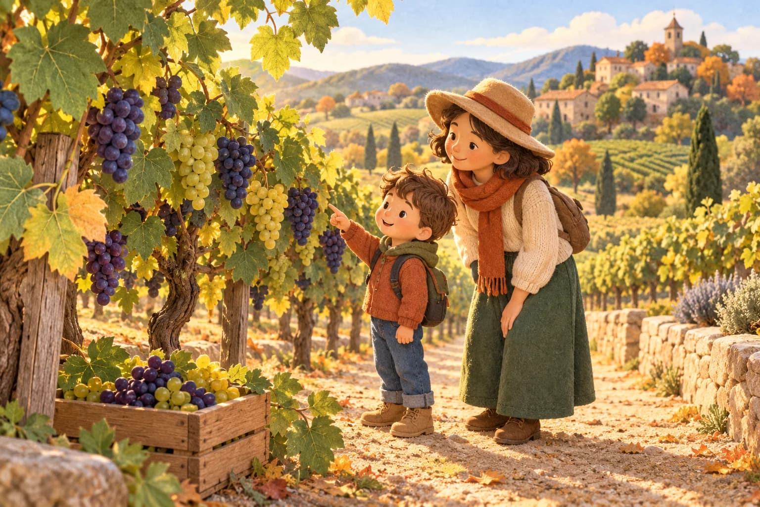 Un enfant et un parent observent des grappes mûres dans une vigne en septembre, près d’une cagette de raisins.
