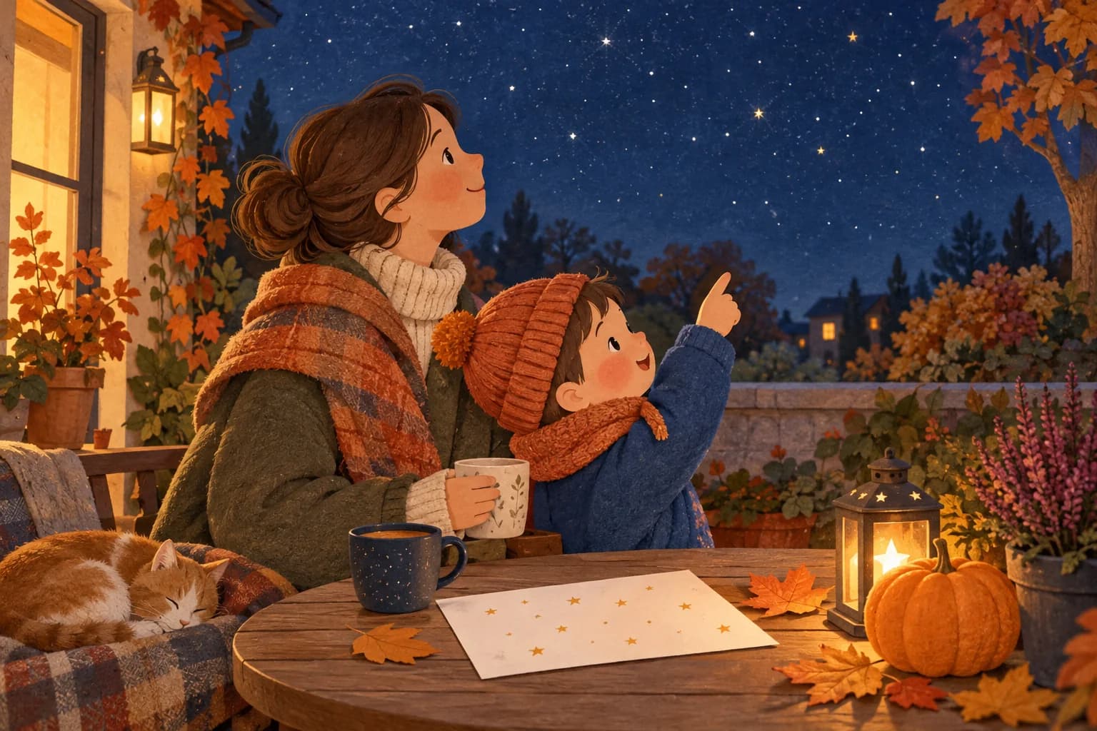 Un enfant et un parent observent les étoiles depuis une terrasse, un soir d’automne.