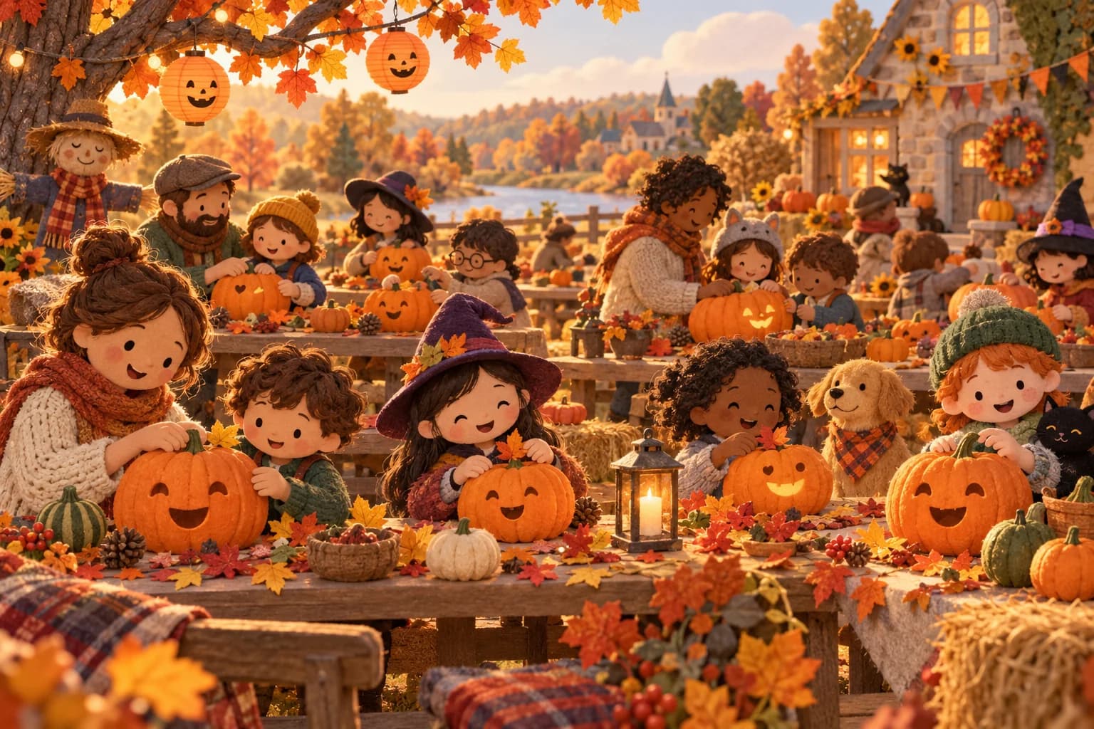 Des familles sculptent ensemble des citrouilles souriantes lors d’une fête d’automne