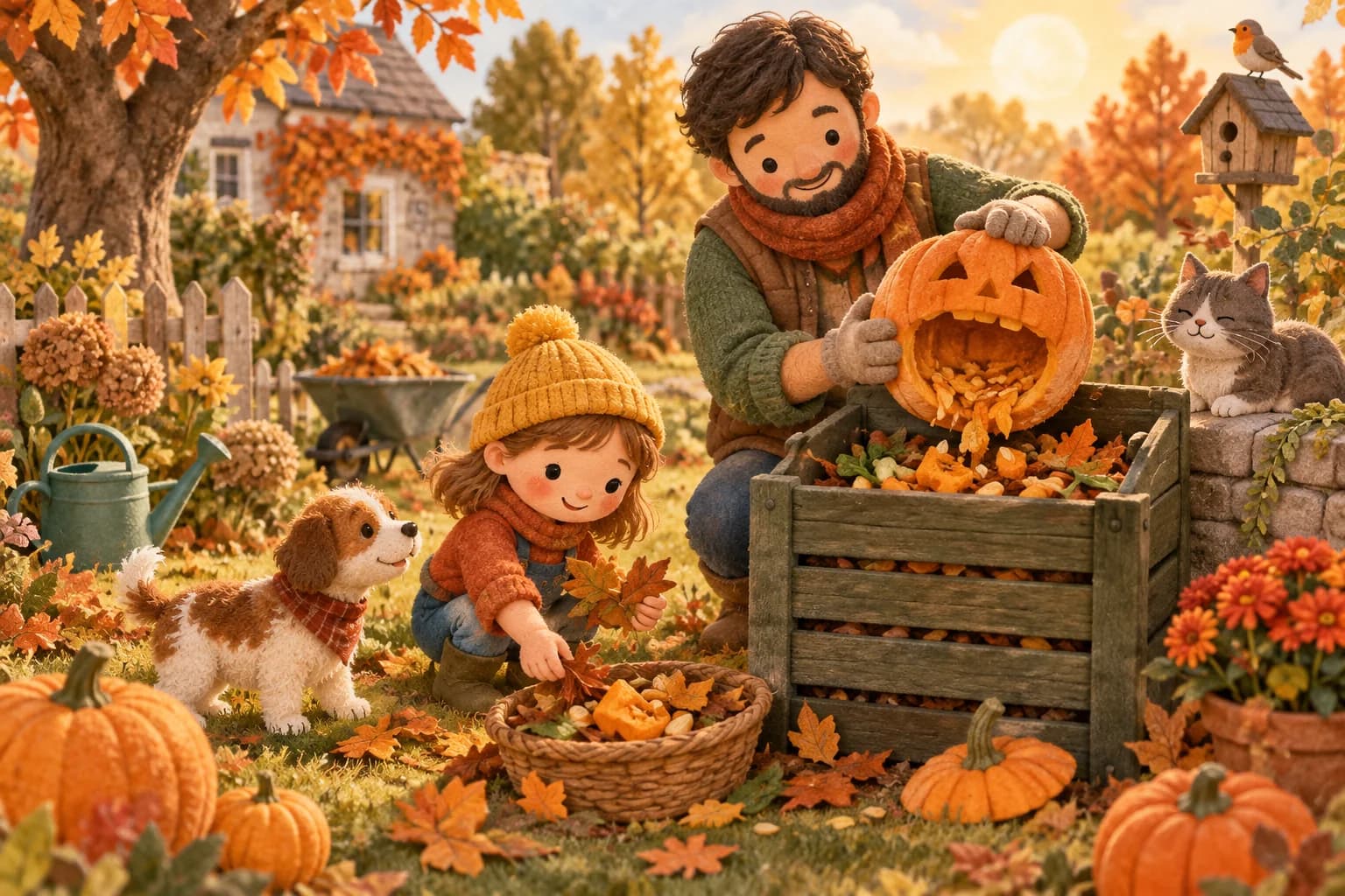 Un enfant et un adulte déposent des morceaux de citrouille et des feuilles dans un compost au jardin