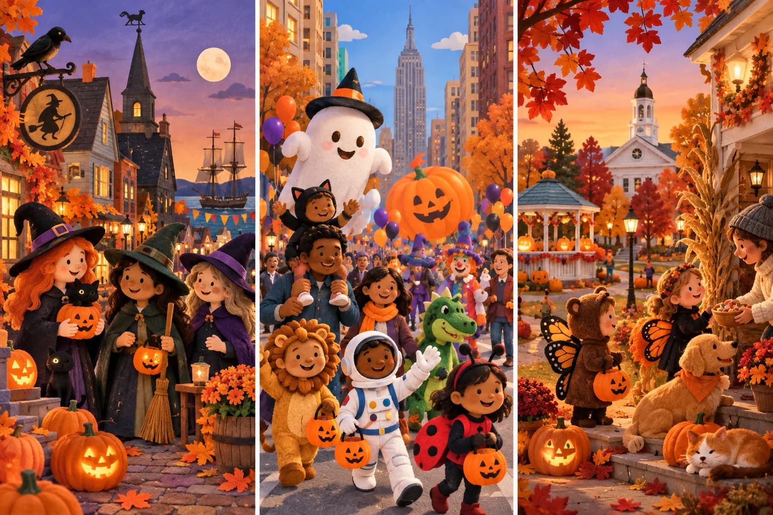 Trois villes américaines décorées pour Halloween avec des familles, des costumes et des citrouilles