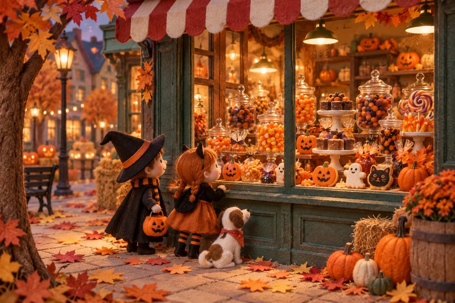 Enfants déguisés avec douceur devant une maison décorée de citrouilles, recevant des friandises emballées