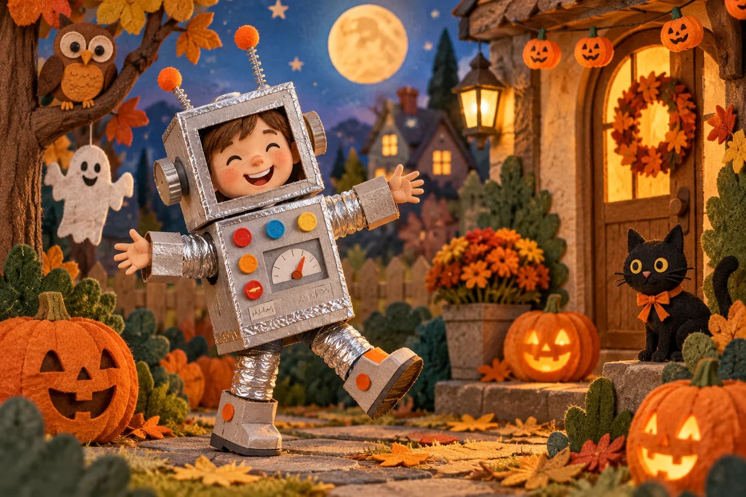 Enfant souriant dans un déguisement de robot fabriqué avec des cartons décorés de couleurs vives, ambiance joyeuse et sans peur