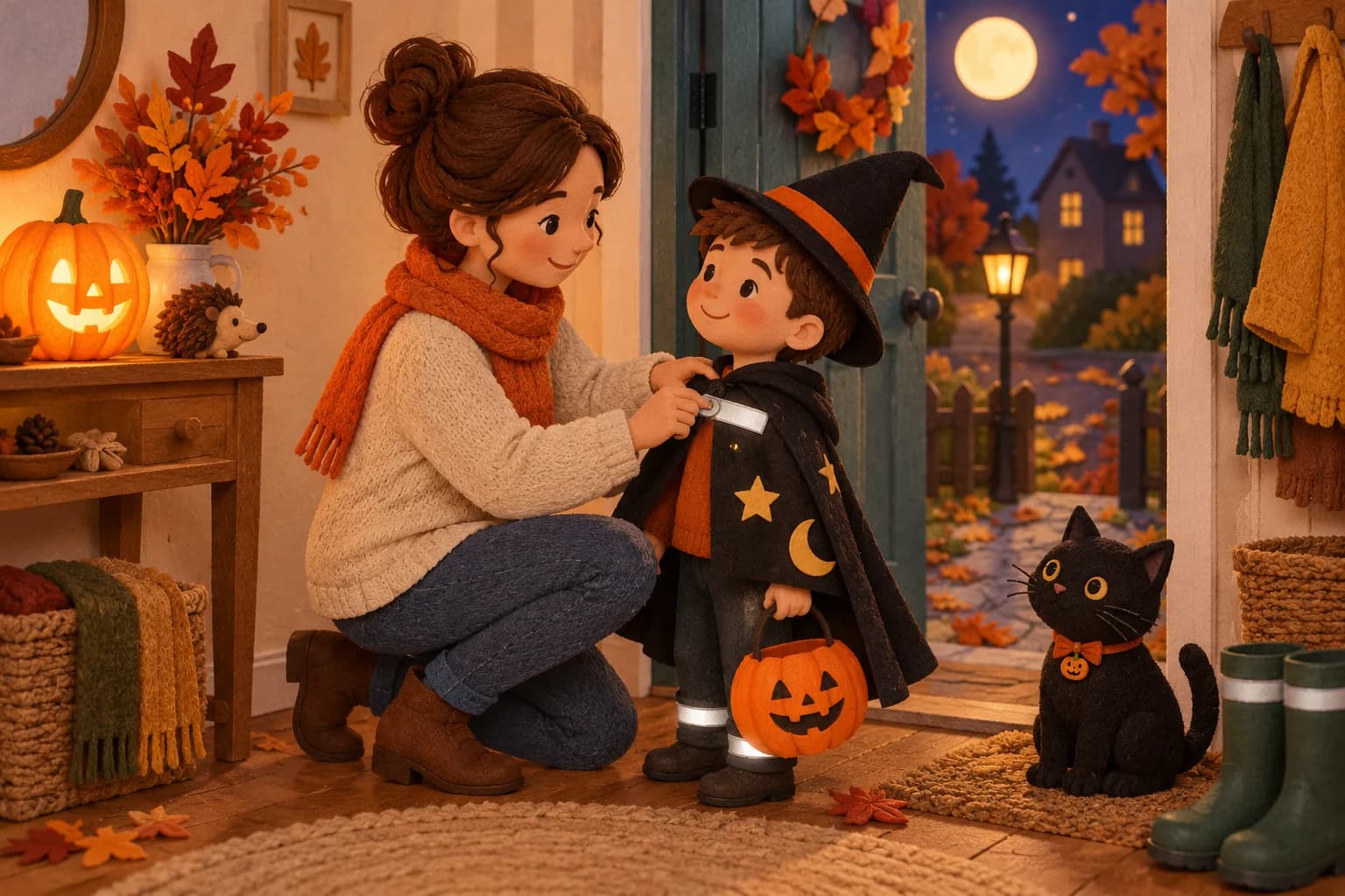 Adulte vérifiant avec bienveillance un déguisement coloré et confortable porté par un enfant souriant, ambiance d’Halloween douce et sécurisée
