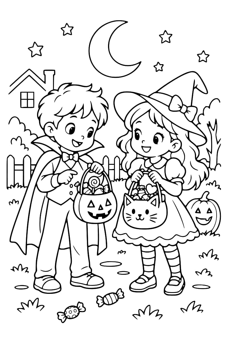 Dessin à colorier de deux enfants en costumes de vampire et de sorcière tenant des paniers de bonbons en forme de citrouille et de chat, avec une maison, une clôture, une citrouille souriante, des étoiles et un croissant de lune en arrière-plan.