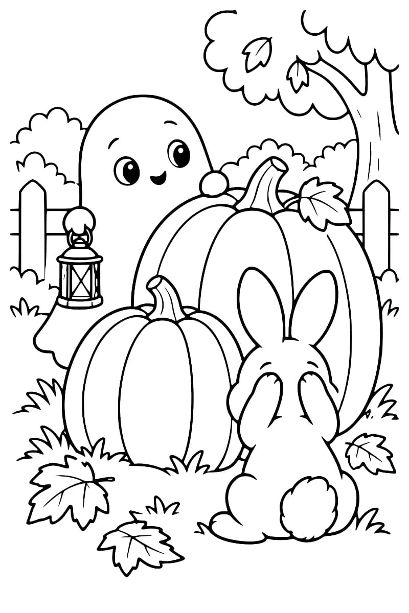 Dessin à colorier d’un fantôme souriant tenant une lanterne derrière deux citrouilles, face à un lapin assis de dos qui se couvre les yeux avec ses pattes, dans un jardin avec une clôture, un arbre et des feuilles au sol.