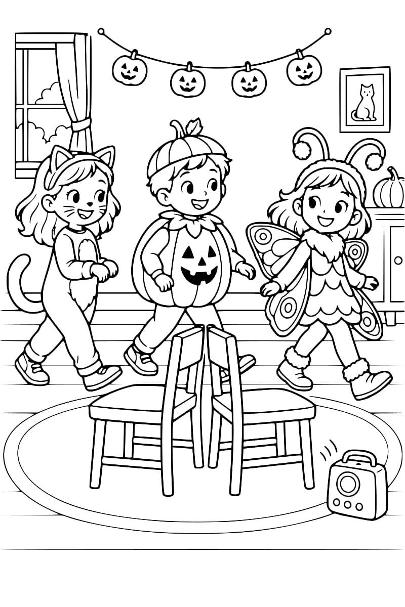Dessin en noir et blanc de trois enfants déguisés en chat, en citrouille et en papillon marchant autour de deux chaises placées dos à dos sur un tapis, avec une radio au sol et une guirlande de citrouilles au mur.